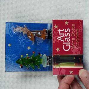 LSArts Inc Glass Festive Wine Bottle Stoppers - Green Tree and Brown Reindeer